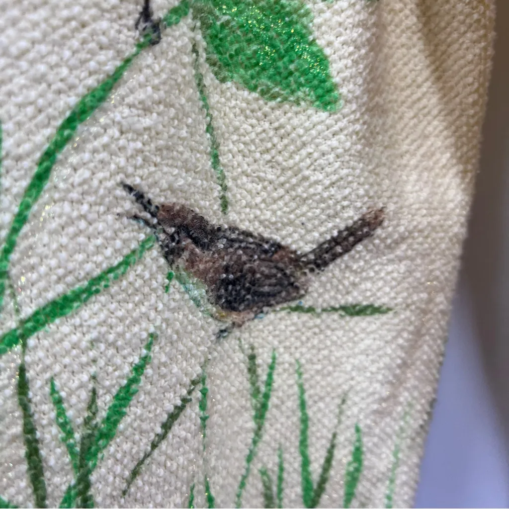 Vintage AU Women's yellow terry cloth cardigan Sweater Bird Art Applique Print Green Size L - Image 12