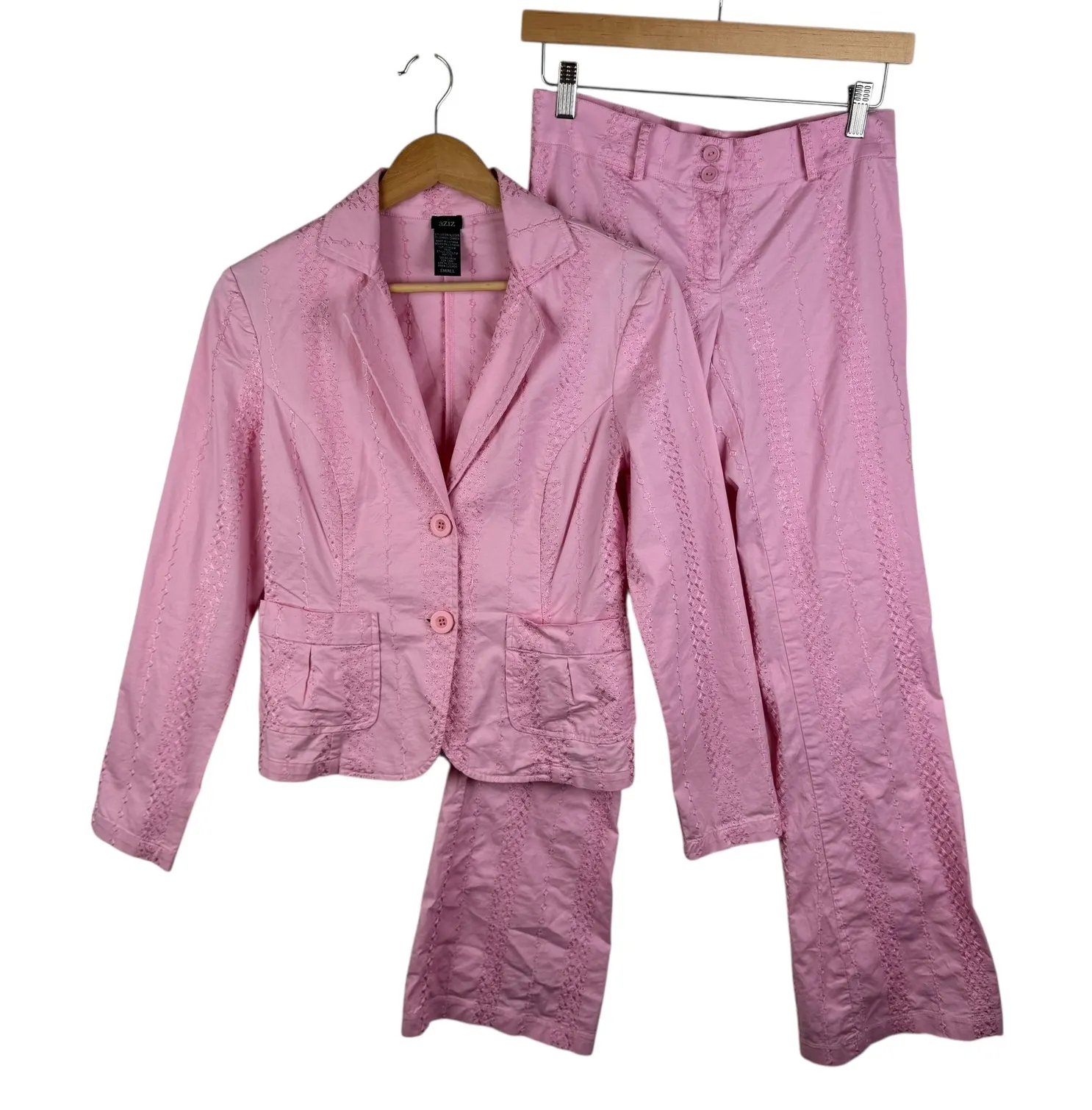 Aziz VTG Blazer and Pants Set Small Pink Embroidered Suit Coquette Y2K Retro - Image 1