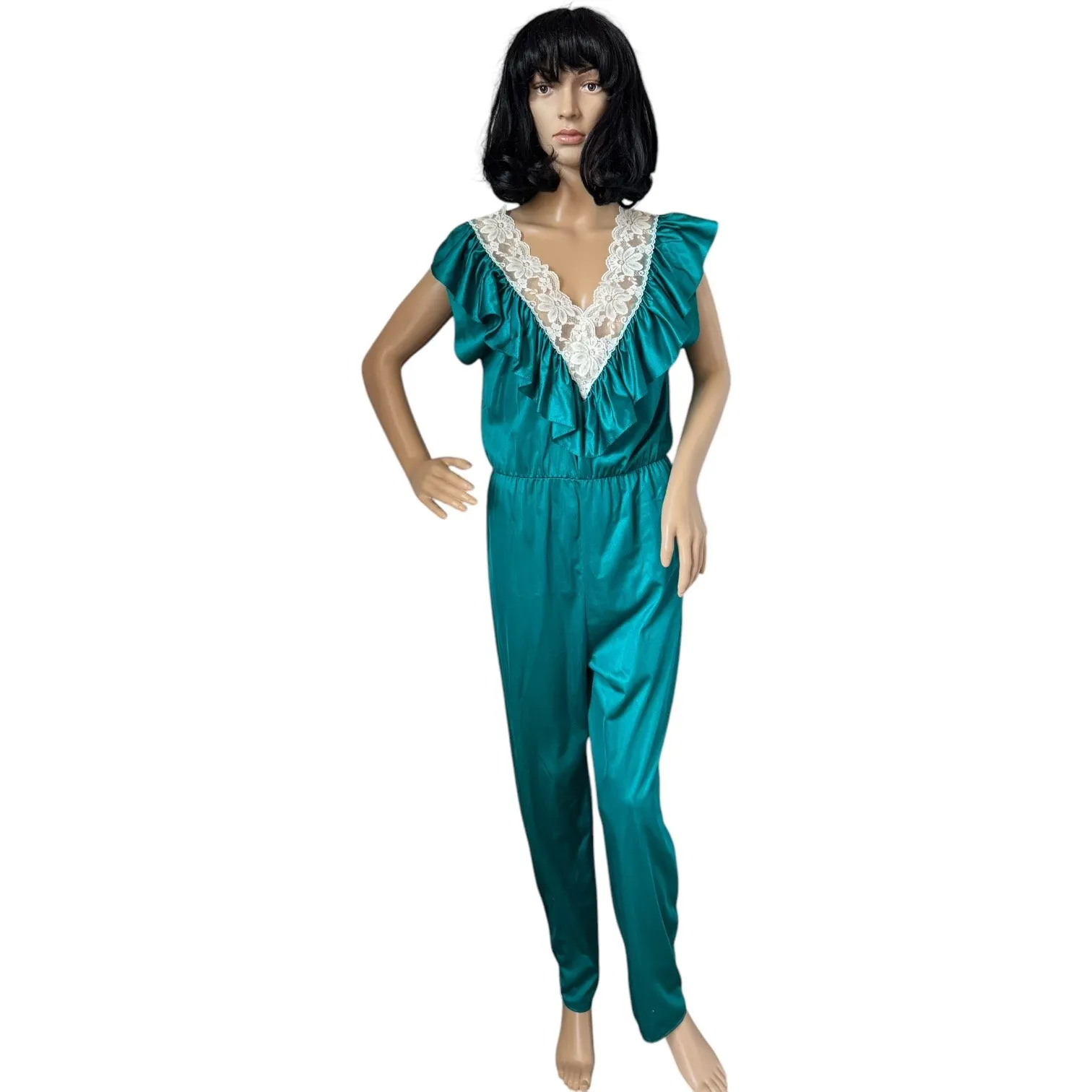 Vintage 70s Lady Cameo Dallas teal lace Ruffle Disco jumpsuit USA Made medium - Image 4