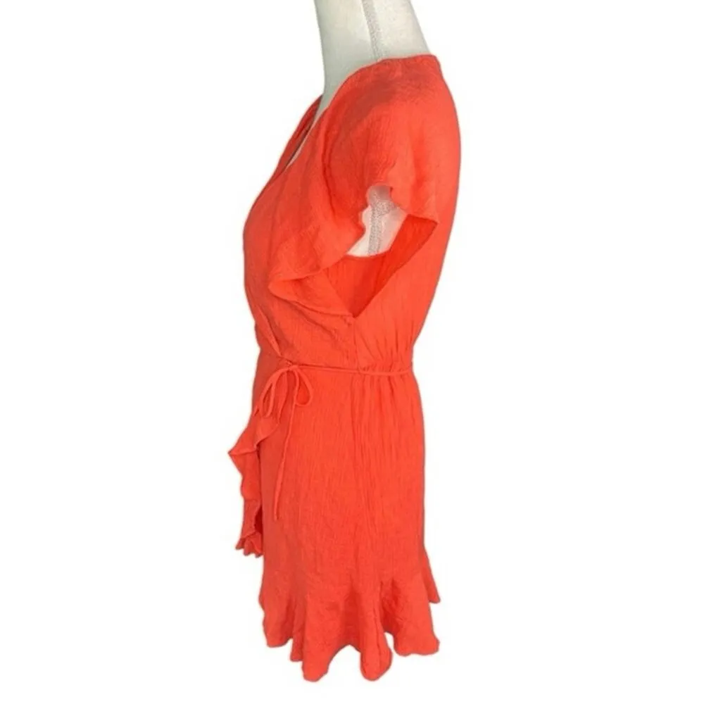 Lush hot coral orange flutter sleeve wrap Mini dress summer coquette cowgirl - Image 5
