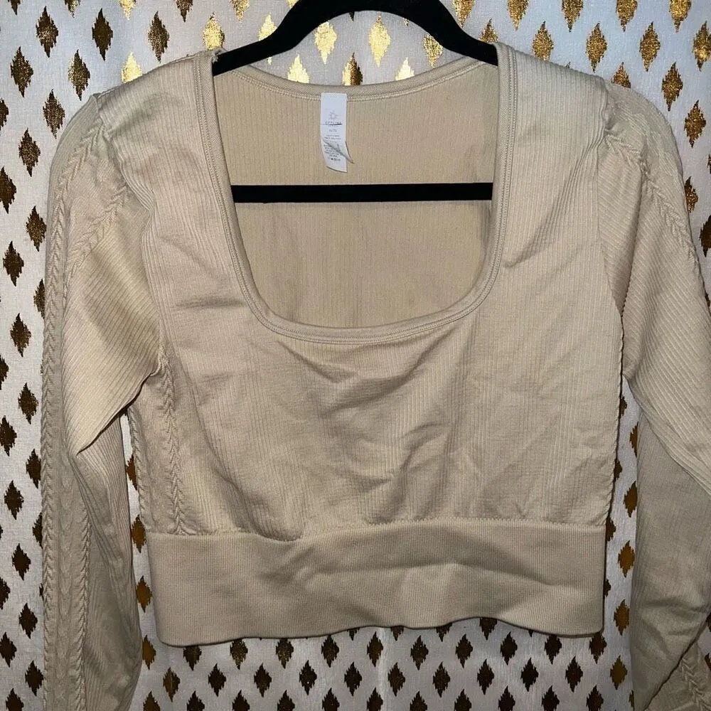 OFFLINE By Aerie Seamless Cable Square Neck long sleeve T-Shirt crop top OAT bei - Image 6