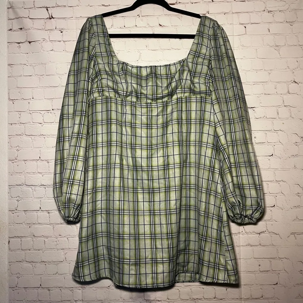 Princess Polly Green Plaid Square Neck Puff Sleeve Mini Dress Size 10 - Image 3