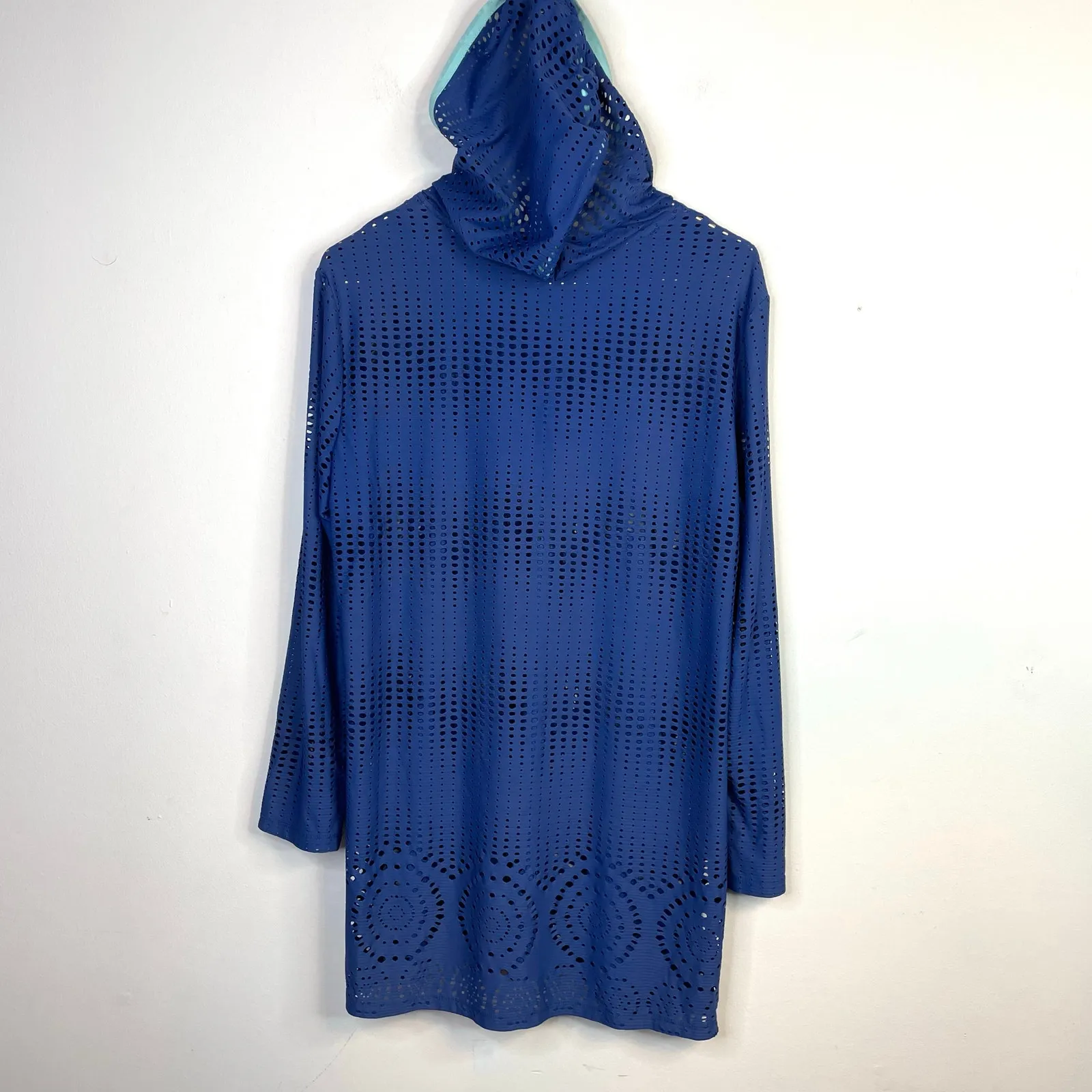 Title Nine Amphib Hooded Mesh Crochet Performance Swim Coverup Dress Top Blue L - Image 5