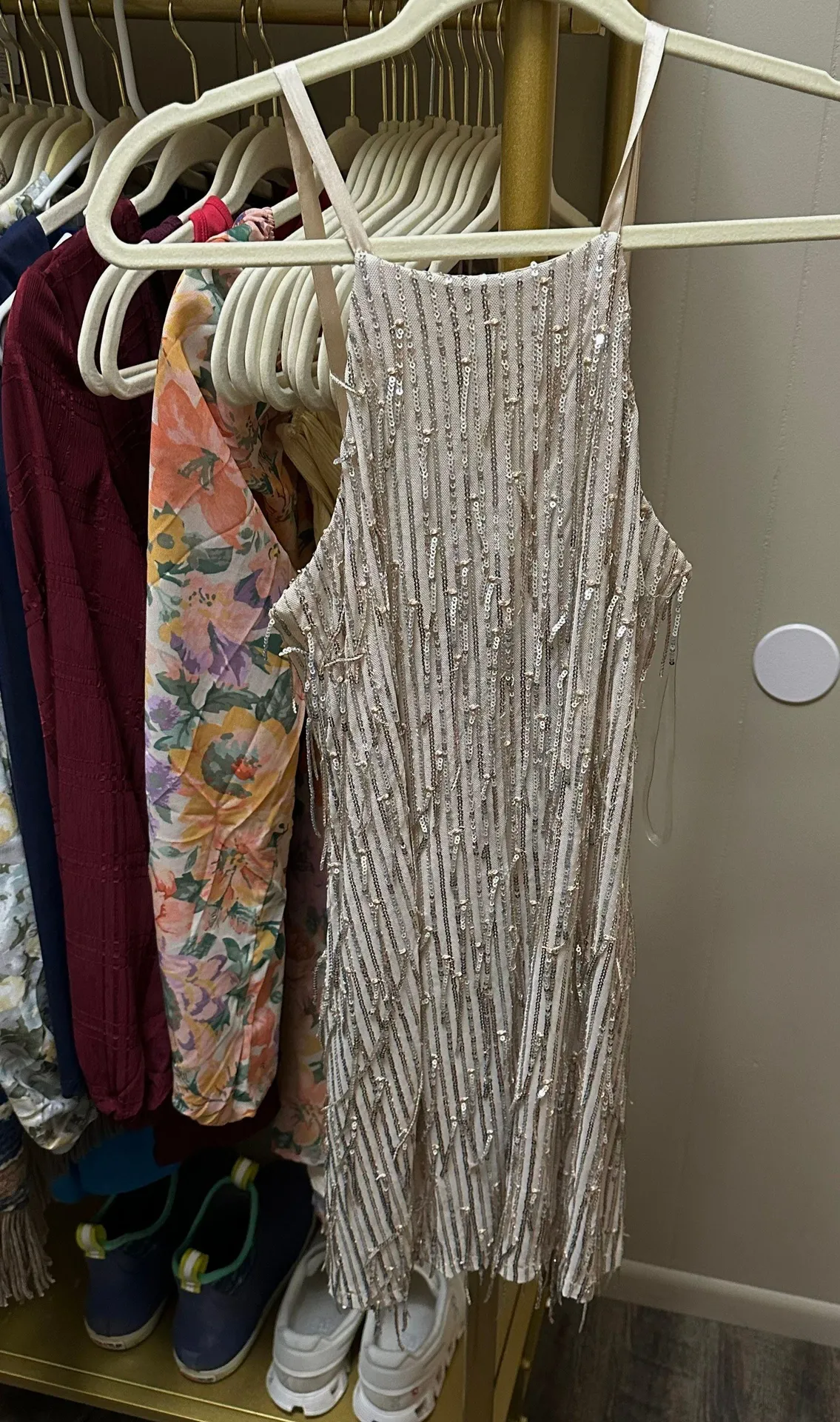 Xtraordinary Dangling Sequin Fringe Trapeze Dress In Beige/Silver - Image 5