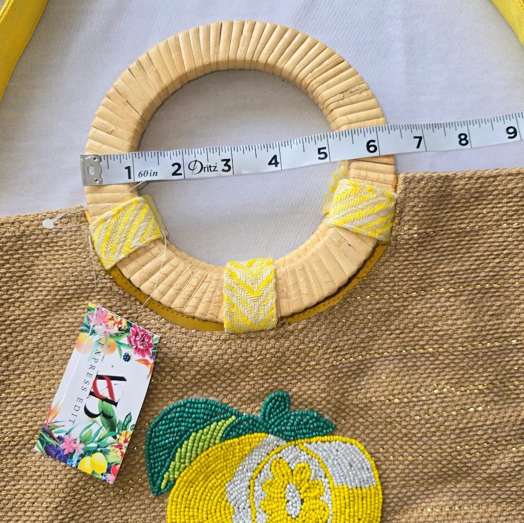 America & Beyond Beaded Lemon Yellow Chevron Fabric Circular Handle Tote Bag - Image 7