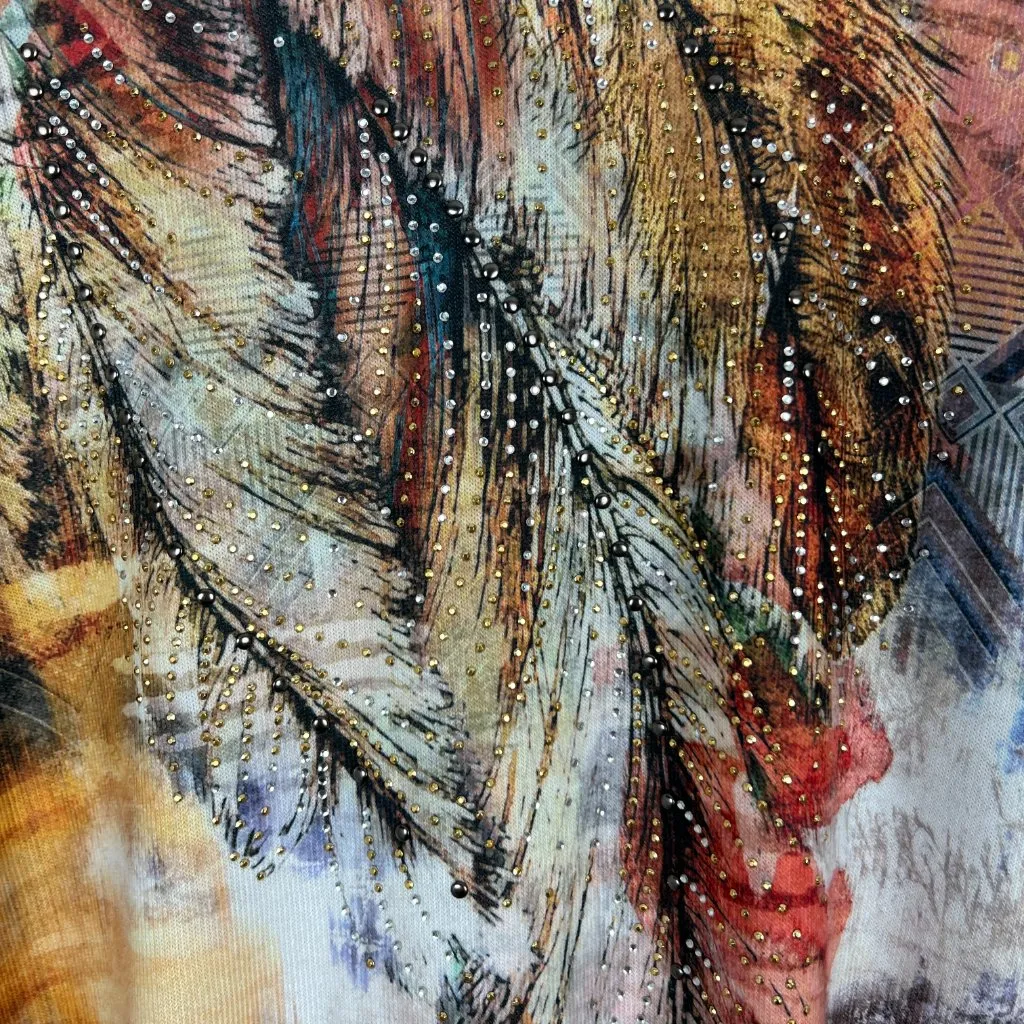 Jess & Jane Top Womens PXL Feather Art Rhinestone Bling‎ 3/4 Sleeve V - Image 4