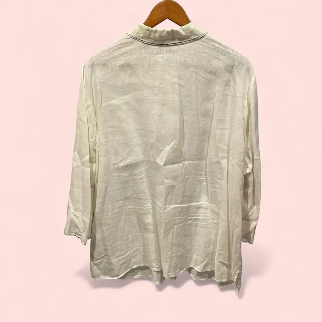 Lovely vintage 90s Dana Buchman linen square button creamy blouse blue trim - Image 6