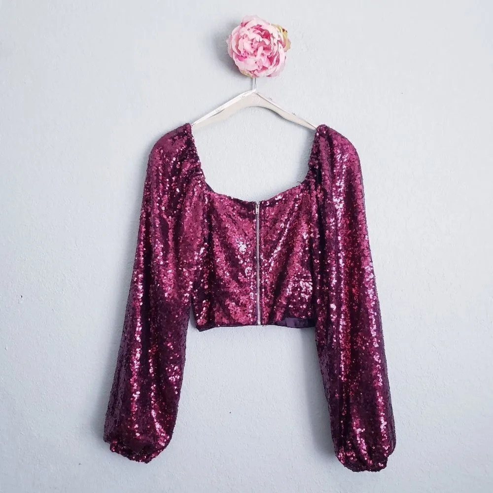 Lulus Sequin of Events Purple Sequin Surplice Long Sleeve Crop Top - Image 7