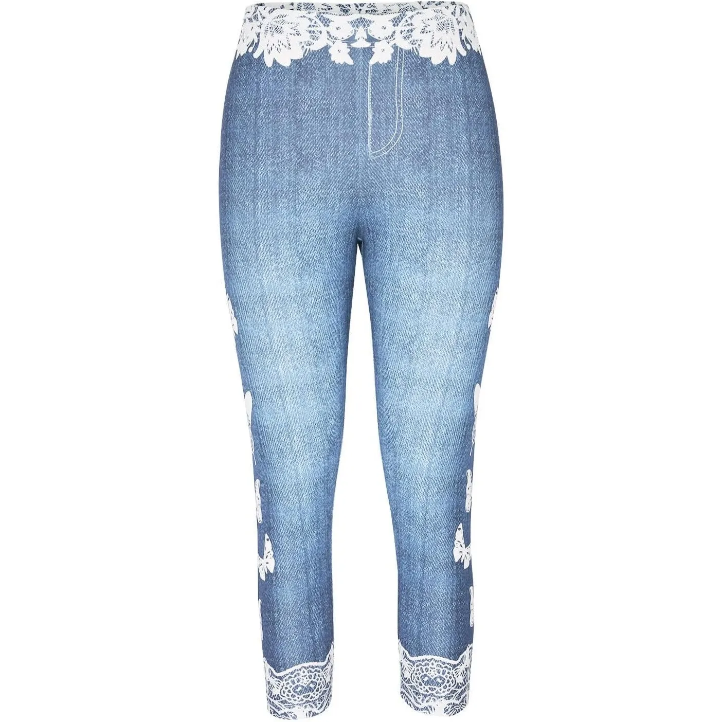 NWT ~ Women's Denim Look Blue & White Butterfly Capri Leggings ~ Size XL - Image 2