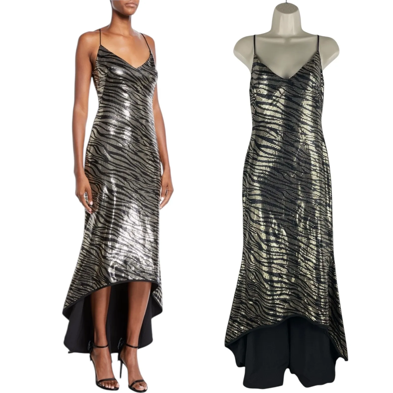 Black Halo Armelle Sequin High Lo Evening Gown Dress Golden Tiger - Image 2
