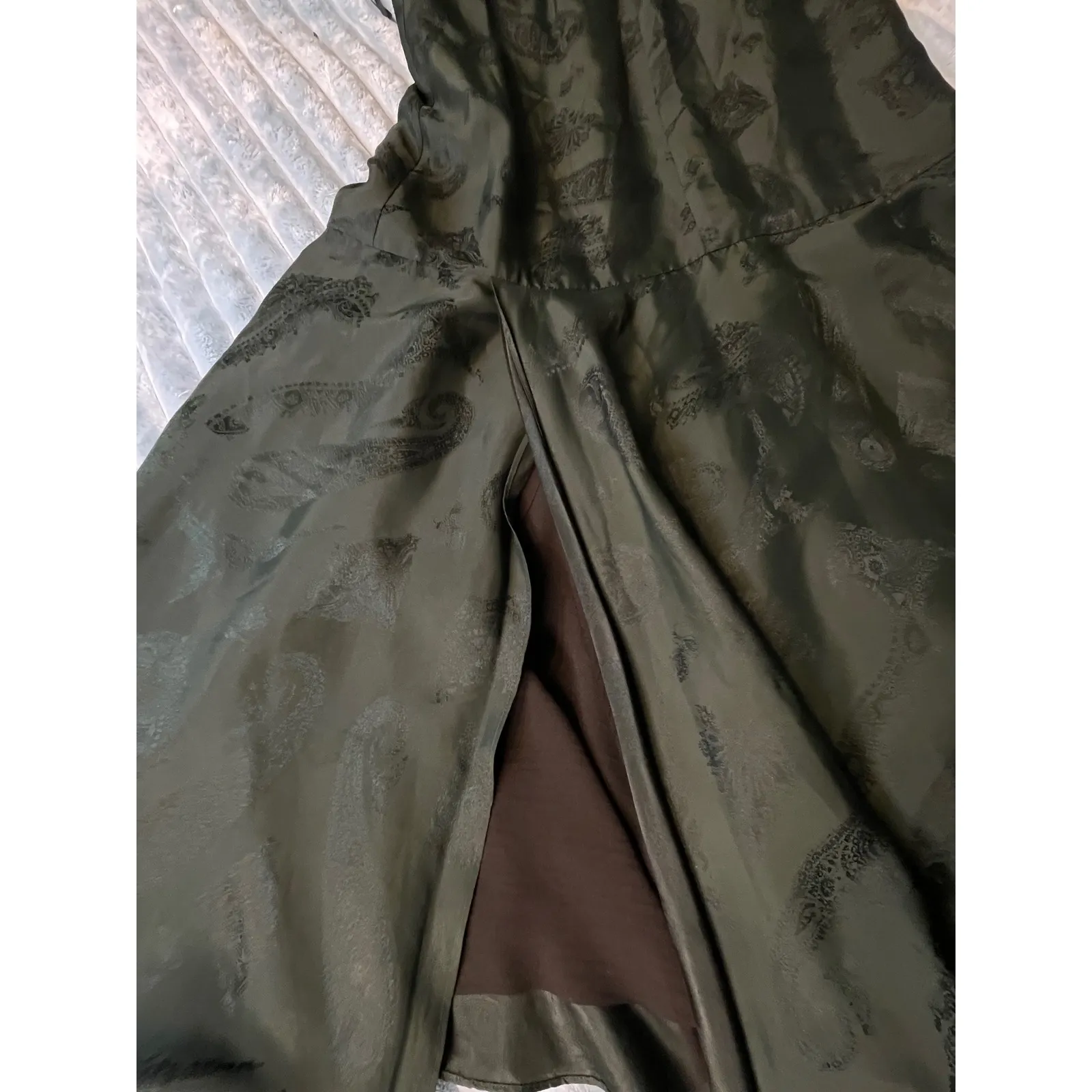 COS Paisley Print V Neck Midi Olive Green Sleeveless A Line Size 38 size S - Image 5