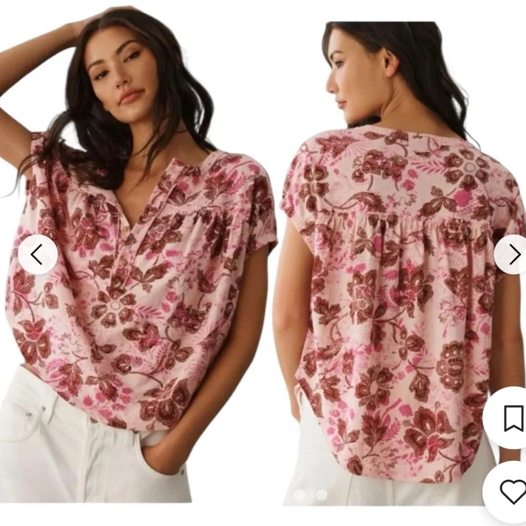 Anthropologie Pilcro Floral Boho Stretch XXS Pink Ruched Henley Tee - Image 2