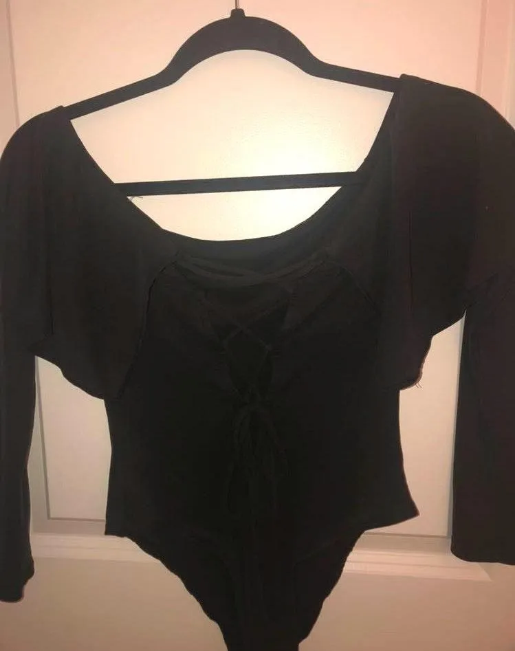Tobi Black Off The Shoulder Bodysuit w/ Lace Up Back - Image 3