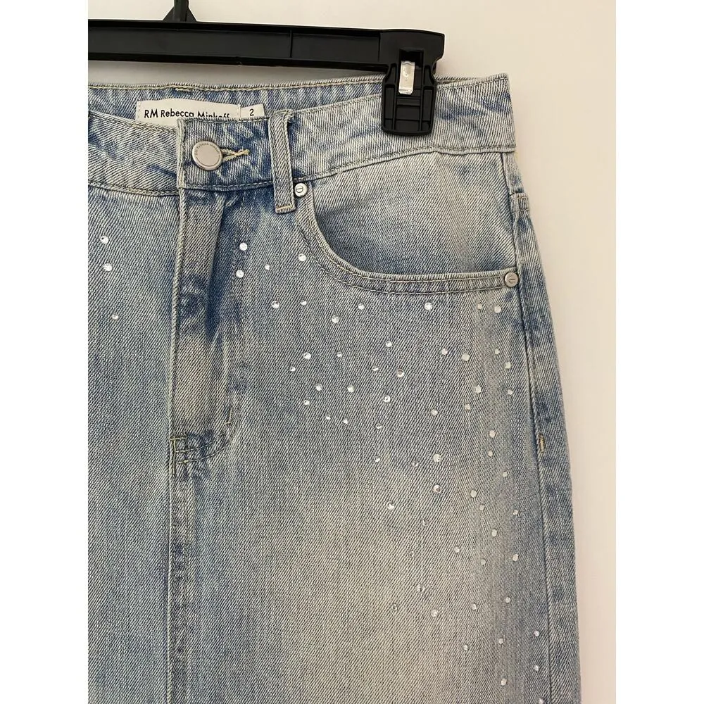 Rebecca Minkoff 100% Cotton Midi Denim Jean Skirt Rhinestone Crystal Light Wash - Image 3