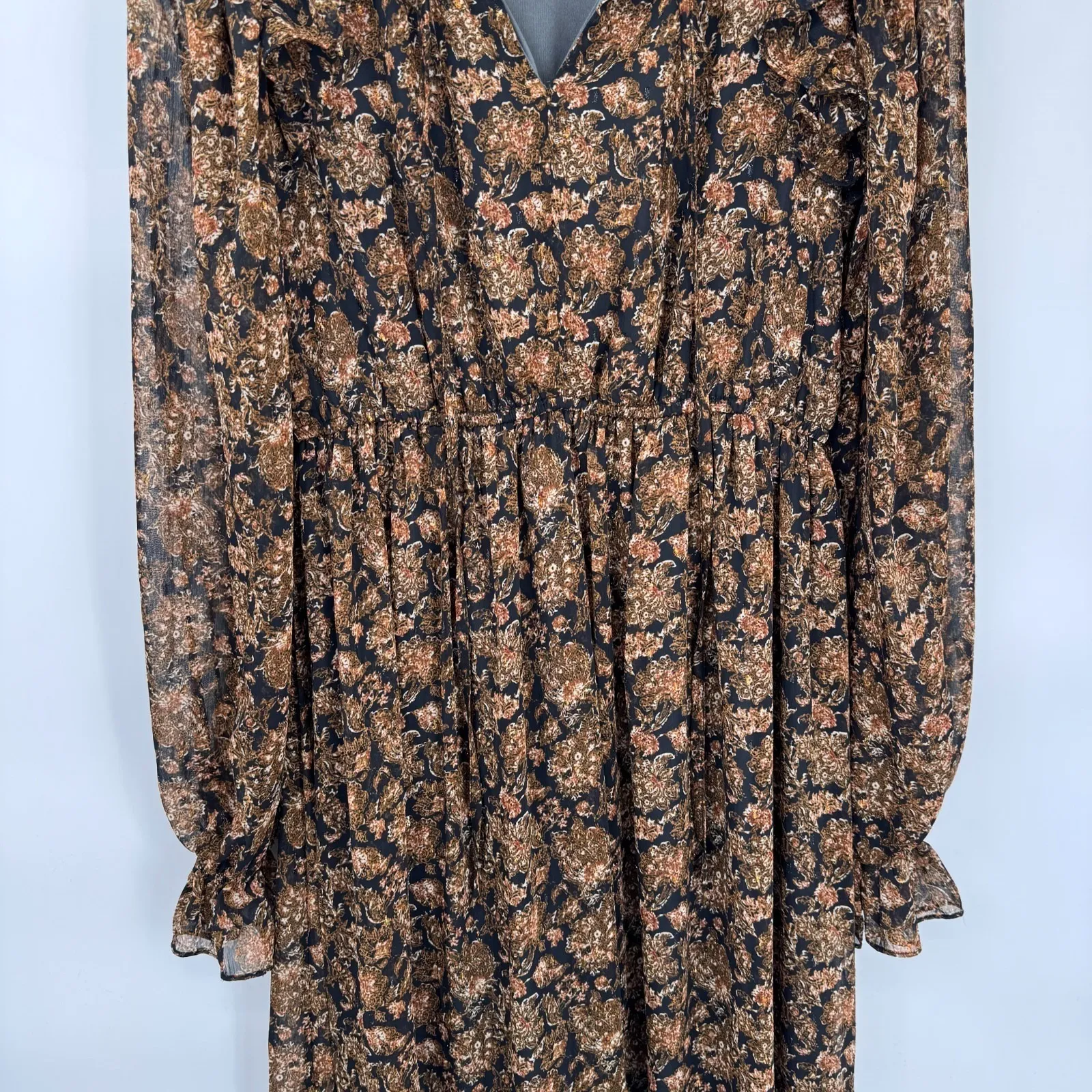 Moon River Tiered Ruffle Maxi Dress Womens Medium Fall Brown Black Metallic Gold - Image 3