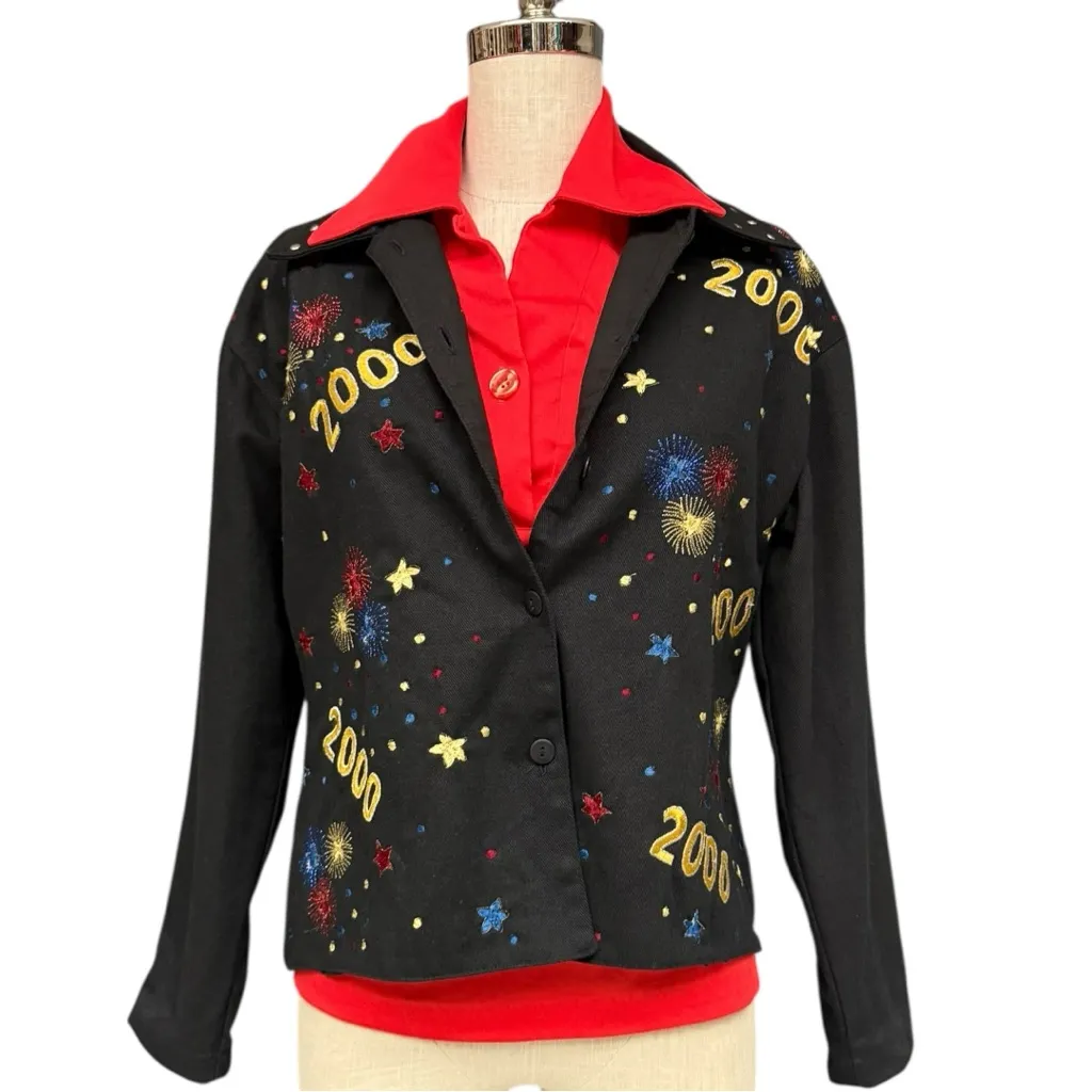 Paul Harris Design Black Fireworks 2000 Embroidered Y2K Jacket Women’s Small - Image 2