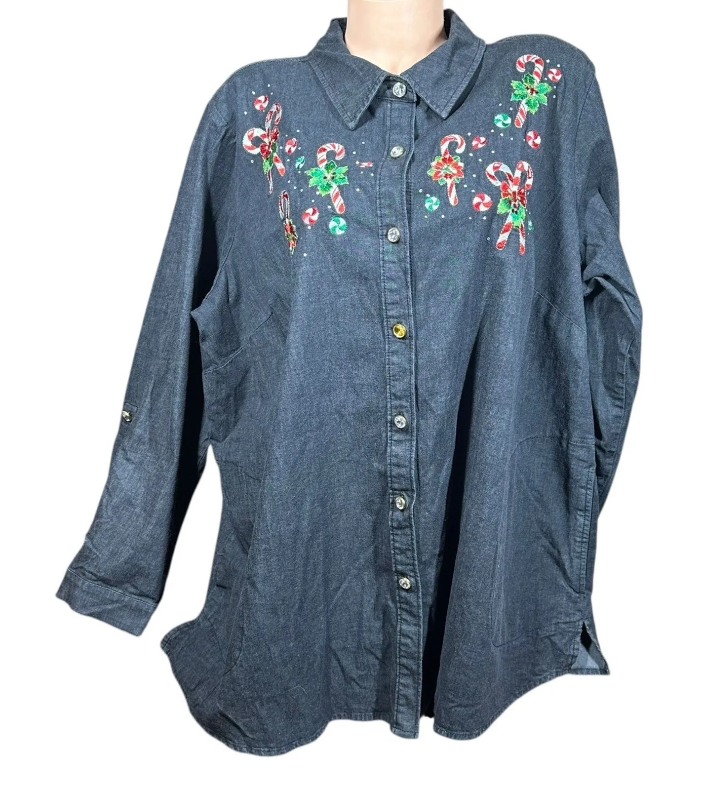 Quacker Factory Denim Roll Tab Sleeve Embroidered Candy Cane Shirt Shacket 2X - Image 1