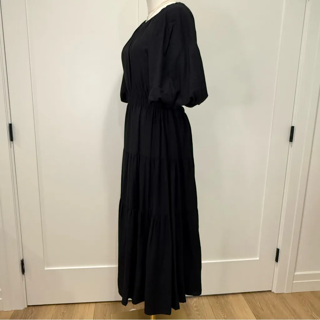 Puff Sleeve Shirred Cutout Tiered Midi Dress Medium Black Puff Sleeve Cottage - Image 3