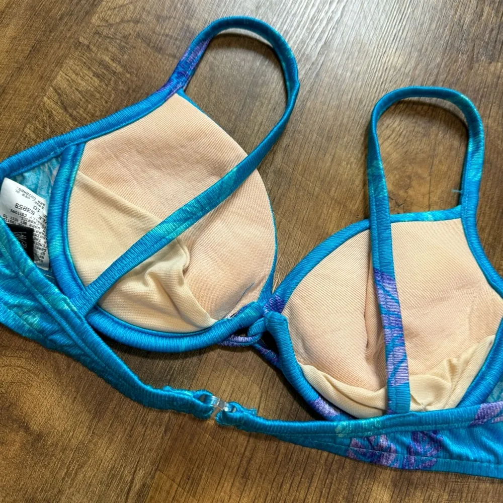 Vtg Athena Shimmer Floral Bikini Top Sz 10 Turquoise Blue Beach Resort - Image 6
