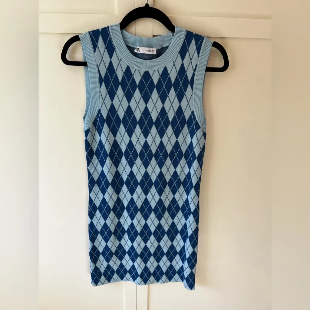 Zara Women’s NWOT Blue Argyle Sweater‎ Knit Mini Dress Size Medium - Image 10
