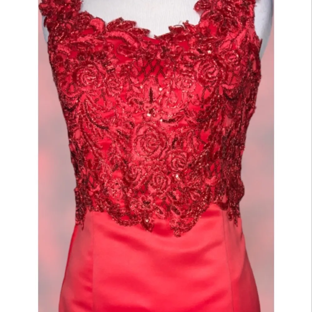 Red Mermaid Sleeveless Floral Lace Embroidered Beaded Fitted Formal Prom XS - Image 9