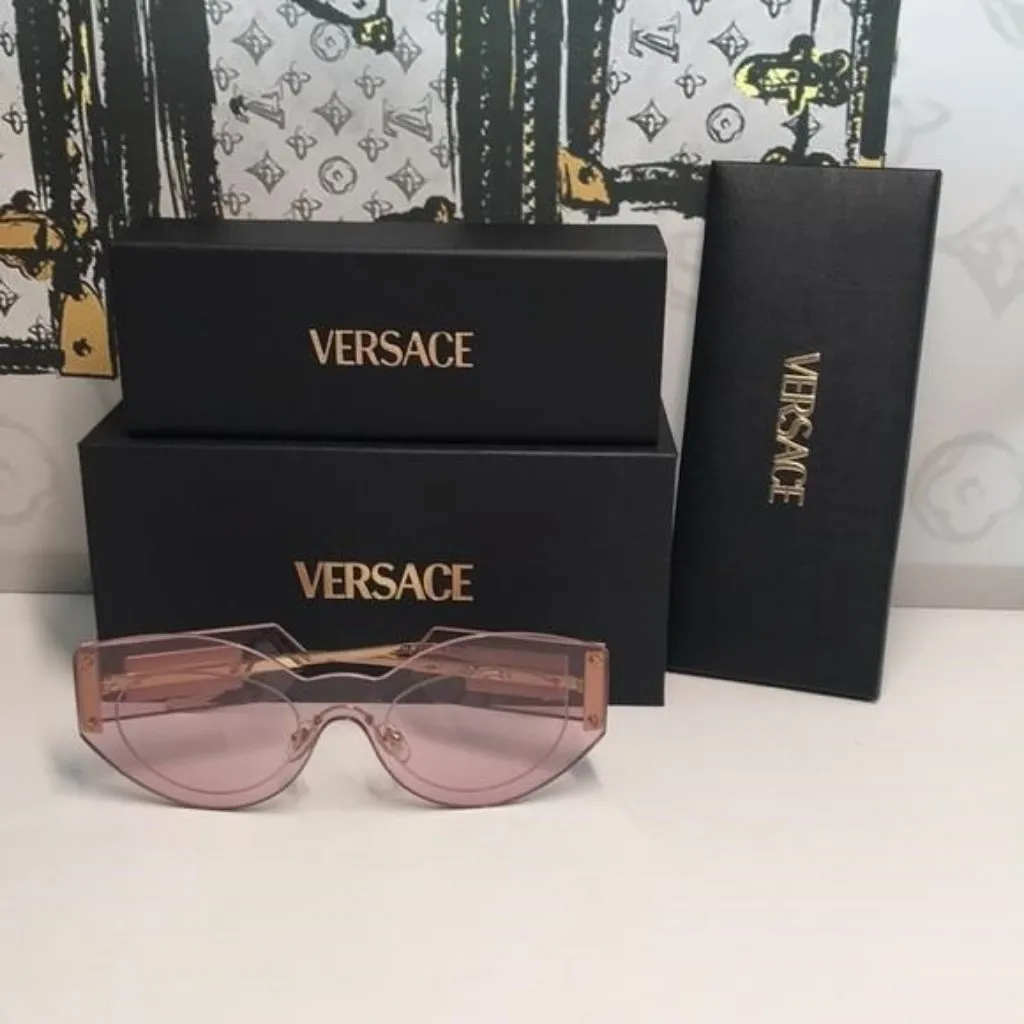 New Versace™ VE2276 Damier Women’s Sunglasses – Rimless Pink Metal - Image 2