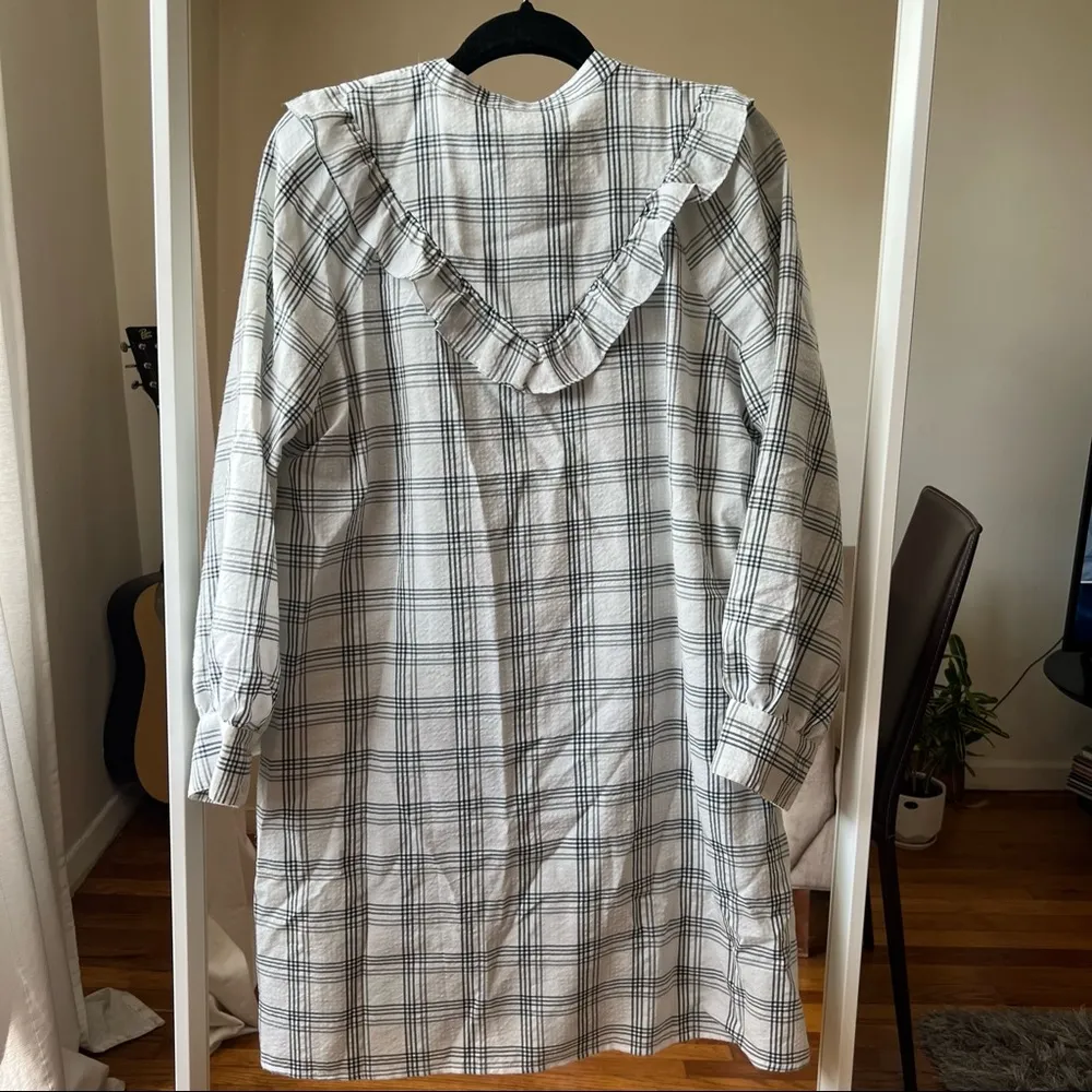 Madewell Plaid Ruffle-Yoke Shirtdress white black size M CL - Image 4