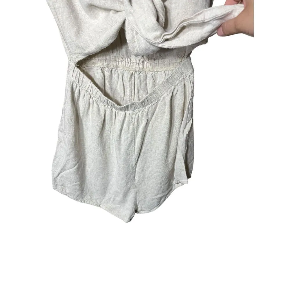 Princess Polly Ragnar Beige Linen Blend Tie Front Romper Size 4 - Image 3
