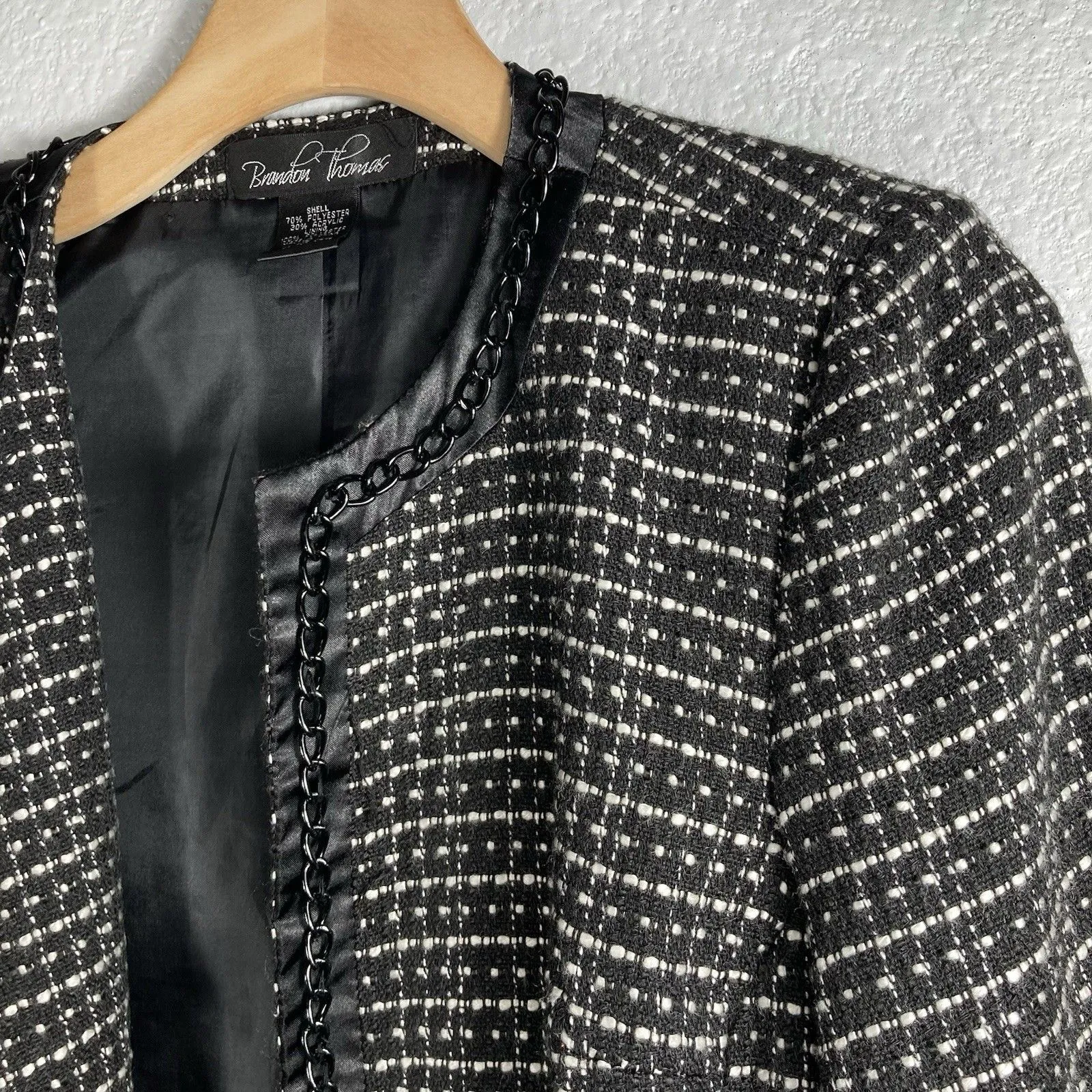 Tweed Blazer Jacket Size 10 Womens Black Chain Trim Career Office Boardroom Boss - Image 6