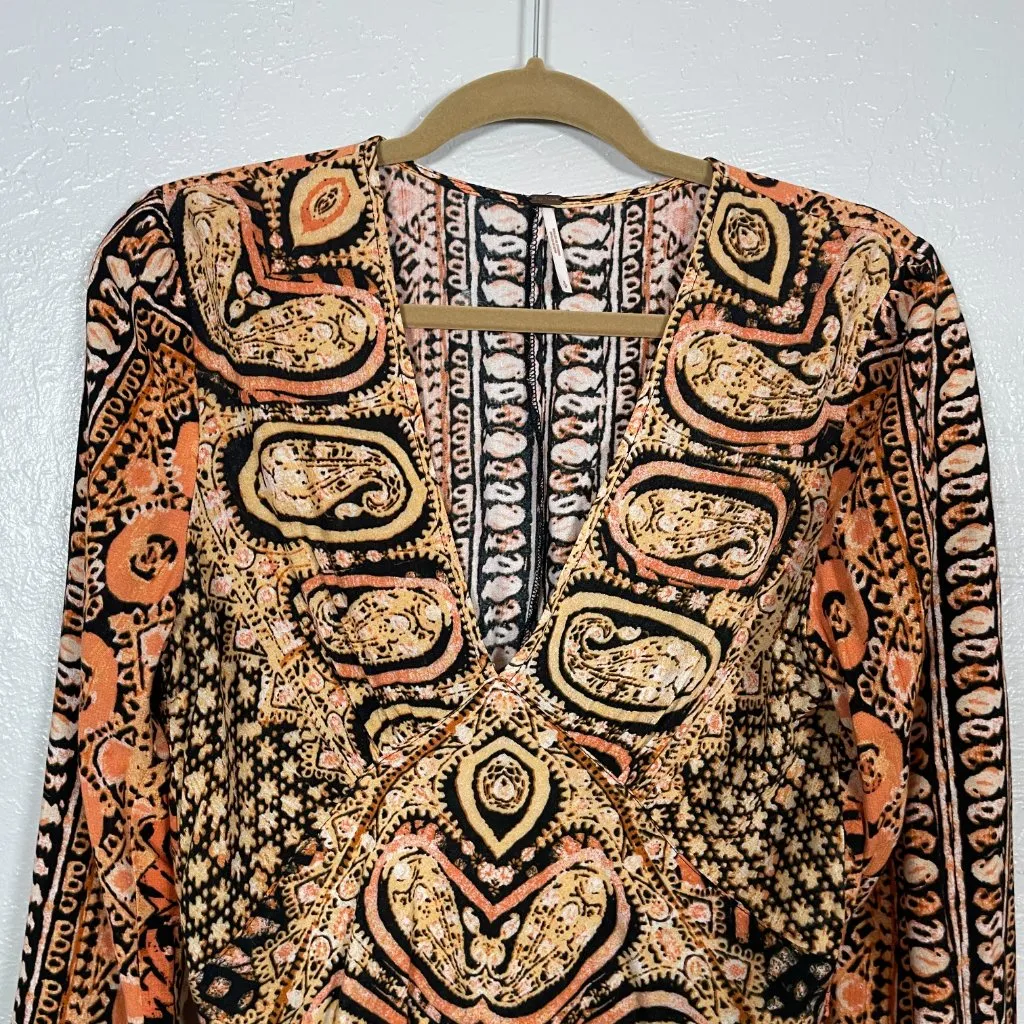 Free People Women S Orange Black Wild and Free Long Sleeve Boho Printed Blouse - Image 3