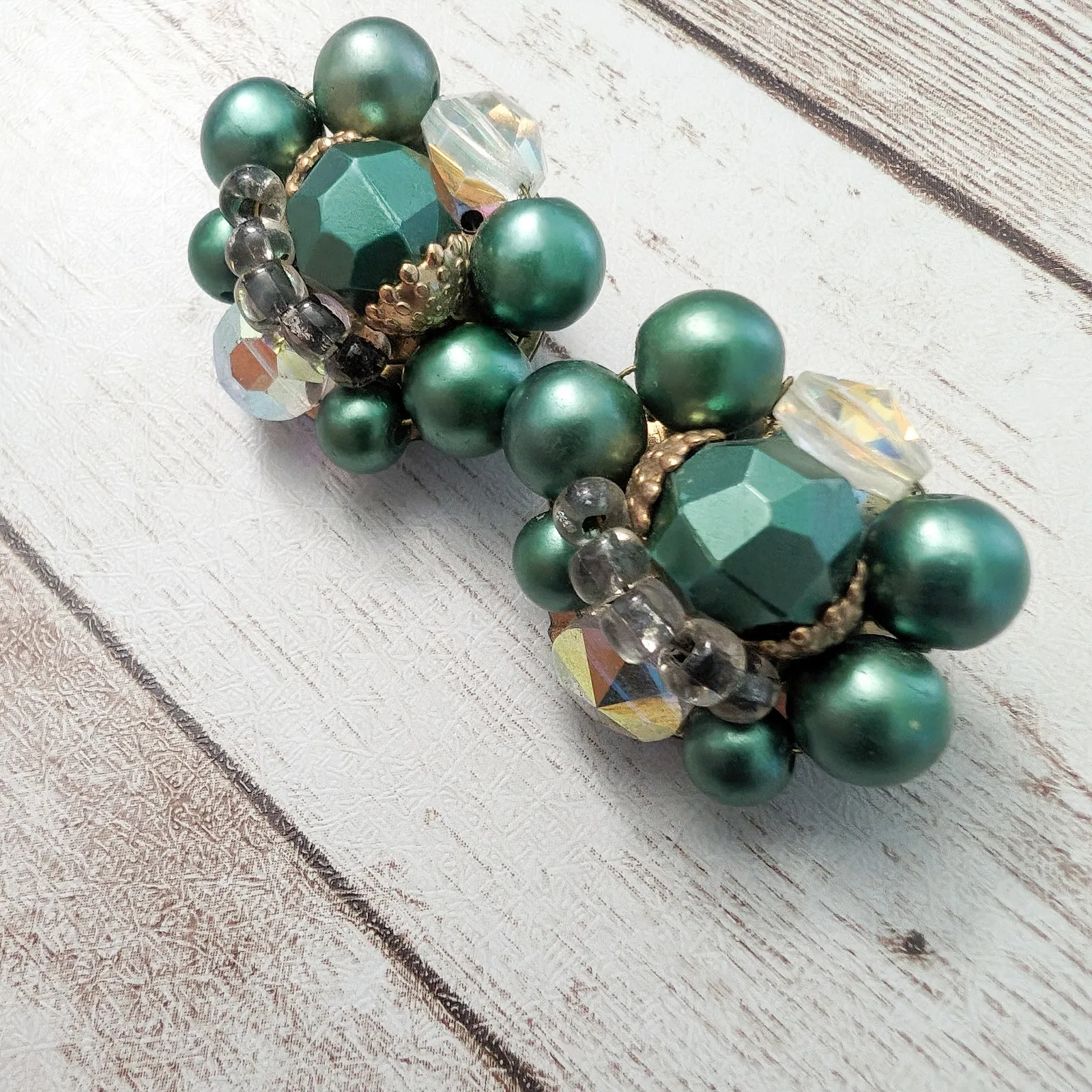 Vintage Clip On Earrings 1 & 1/8" Green Cluster with Accents - Image 3