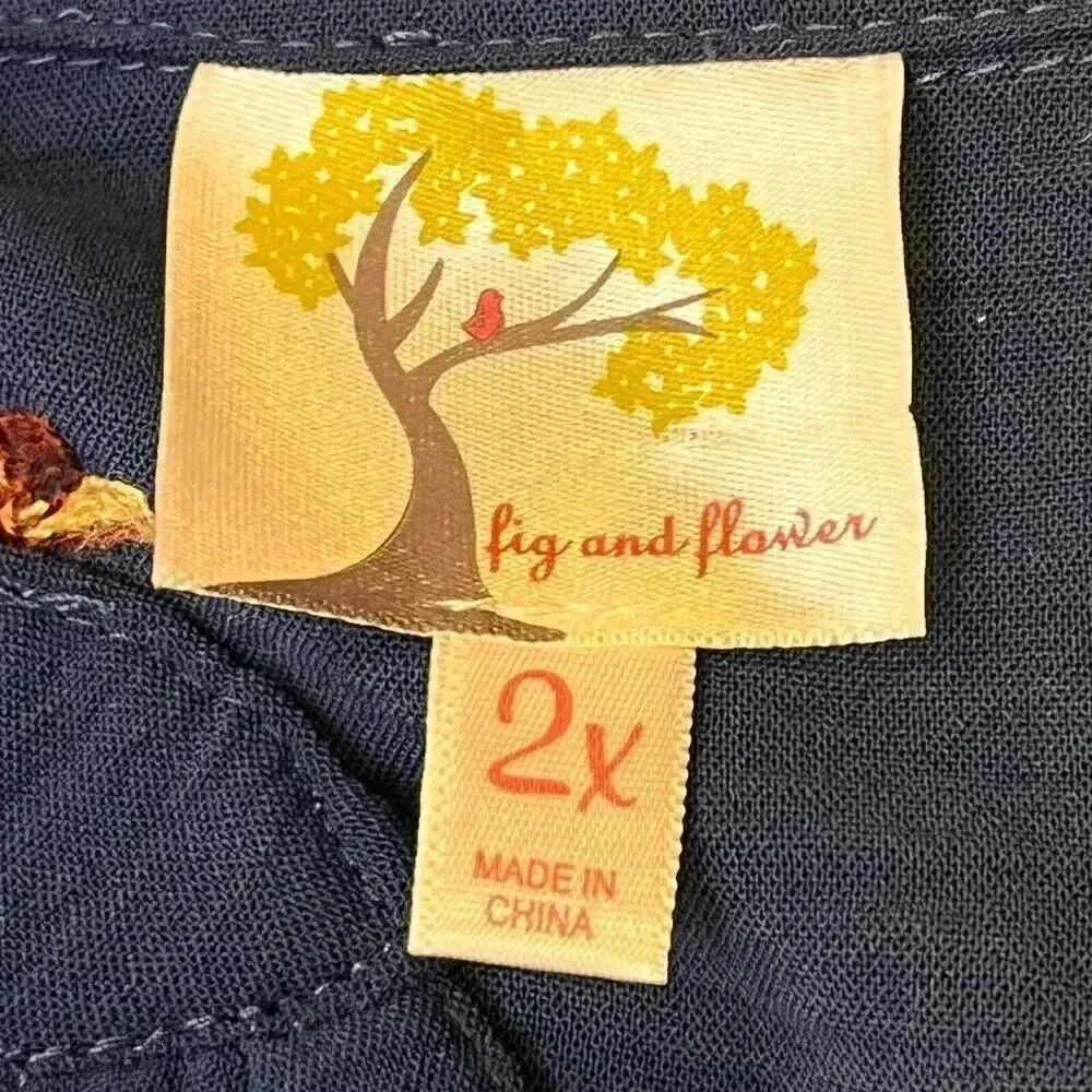 Fig & Flower Women’s Navy Floral Embroidered Long Sleeve Bohemian Blouse 2X‎ Blue - Image 4