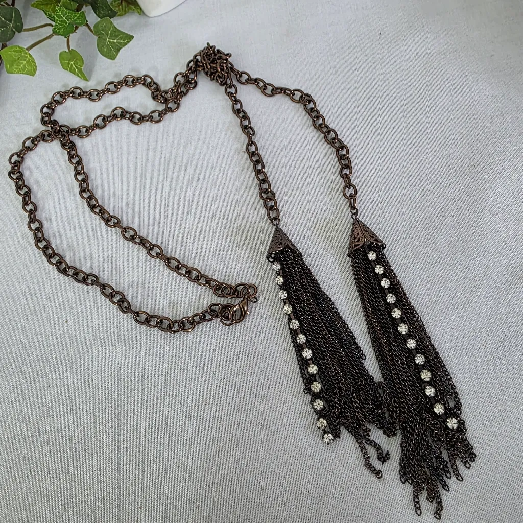 Vintage Copper Chain Lariat Necklace with Chain Tassel and Rhinestones - Image 2
