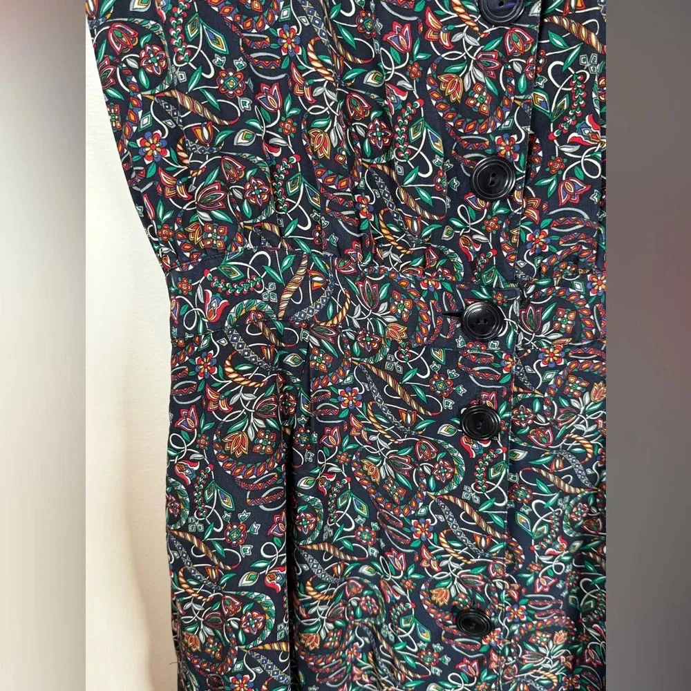 Vintage Talbots Shirt Dress 100% Silk Navy Green Floral Pattern Women’s Size 14 - Image 7