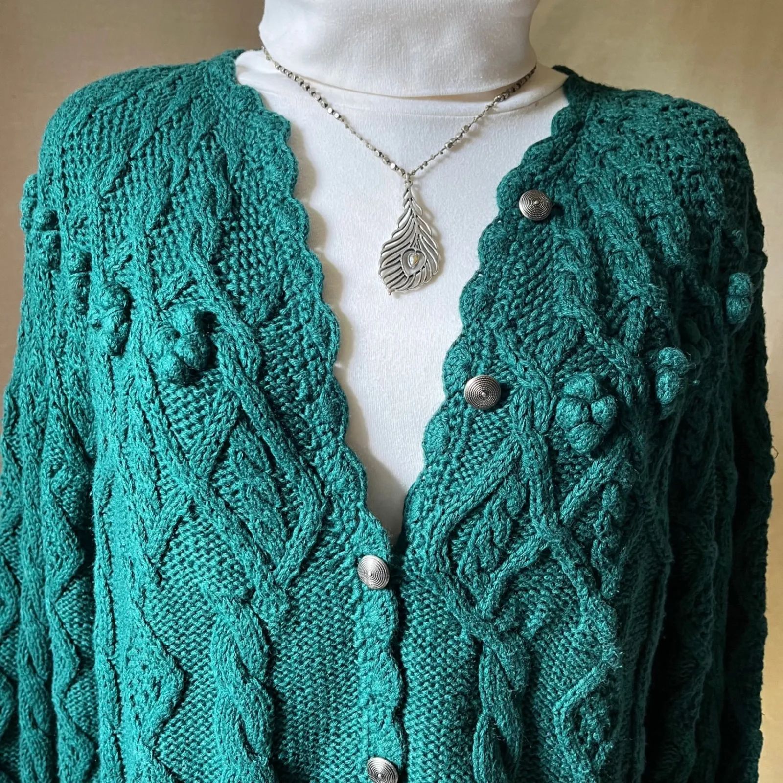Vintage Northern‎ Isles Hand Knit Teal Bobble Cardigan Sweater Cotton Blend M Green Size M - Image 3