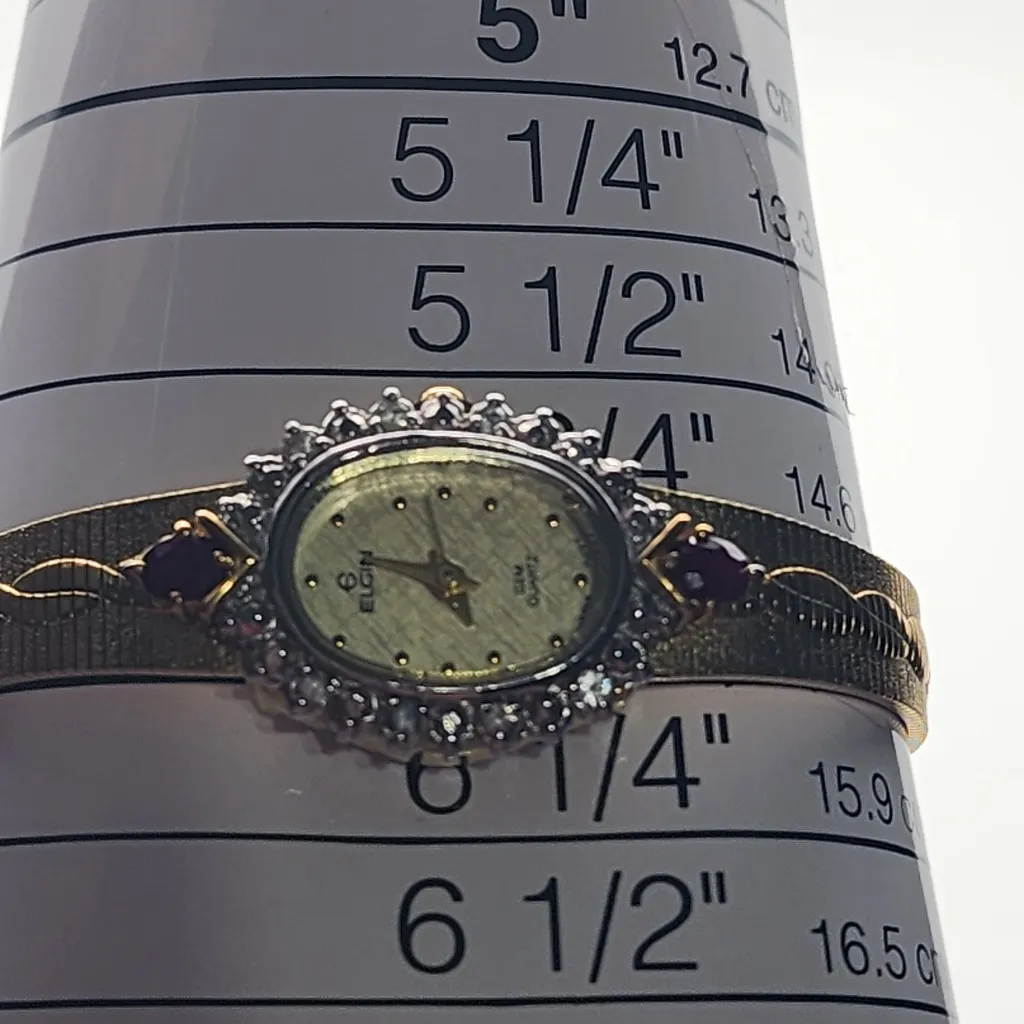 Vintage Elgin Gold Tone Ruby & White Sapphire Watch Red - Image 9