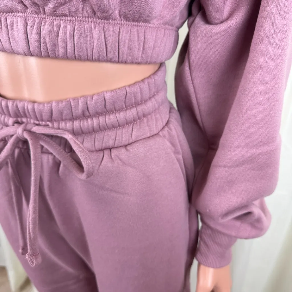 Zenana 2 Pcs Crop Sweatshirt Tracksuit Jogger Pants Set Outfit Active Loungewear Dusty Rose Pink Size Medium - Image 4