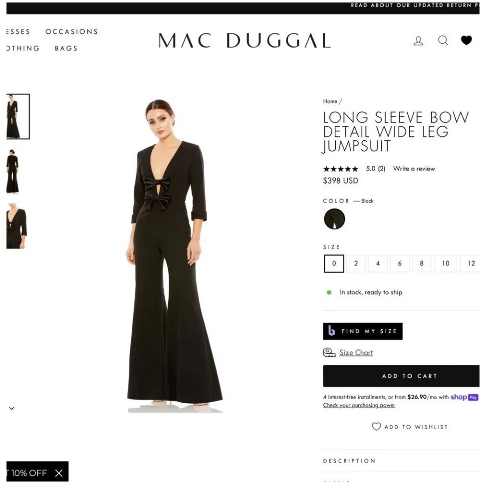 NWT‎ Mac Duggal 27033LONG SLEEVE BOWDETAIL WIDE LEGJUMPSUIT Black Sz 6$398 - Image 3