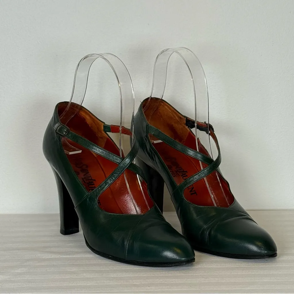 Vintage Yves Saint Laurent Paris Green Leather Mary Jane Pumps Womens Size 5 1/2 - Image 3