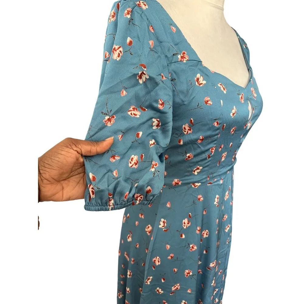 Lulus Gorgeous Days Blue Floral Satin Puff Sleeve Midi Dress Keyhole Detail Sz S - Image 8