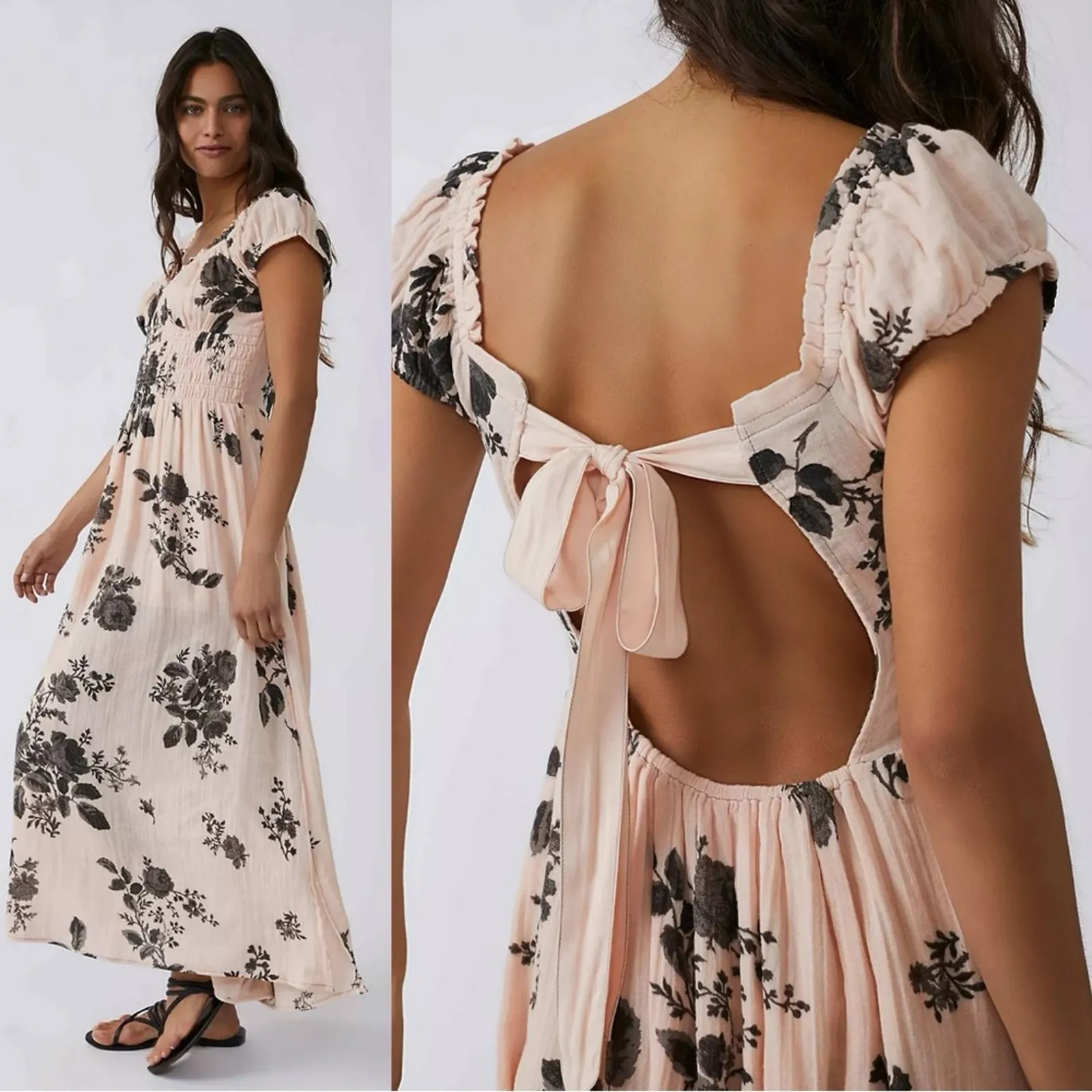 Free People Dainty Bohemian Gauze Forget Me Not Floral Midi Dress Blush Medium - Image 5