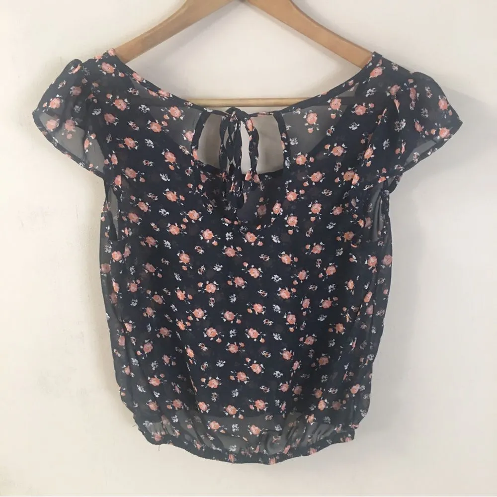 Charlotte Russe Navy Blue & Pink Floral Sheer Blouse Size S EUC - Image 2
