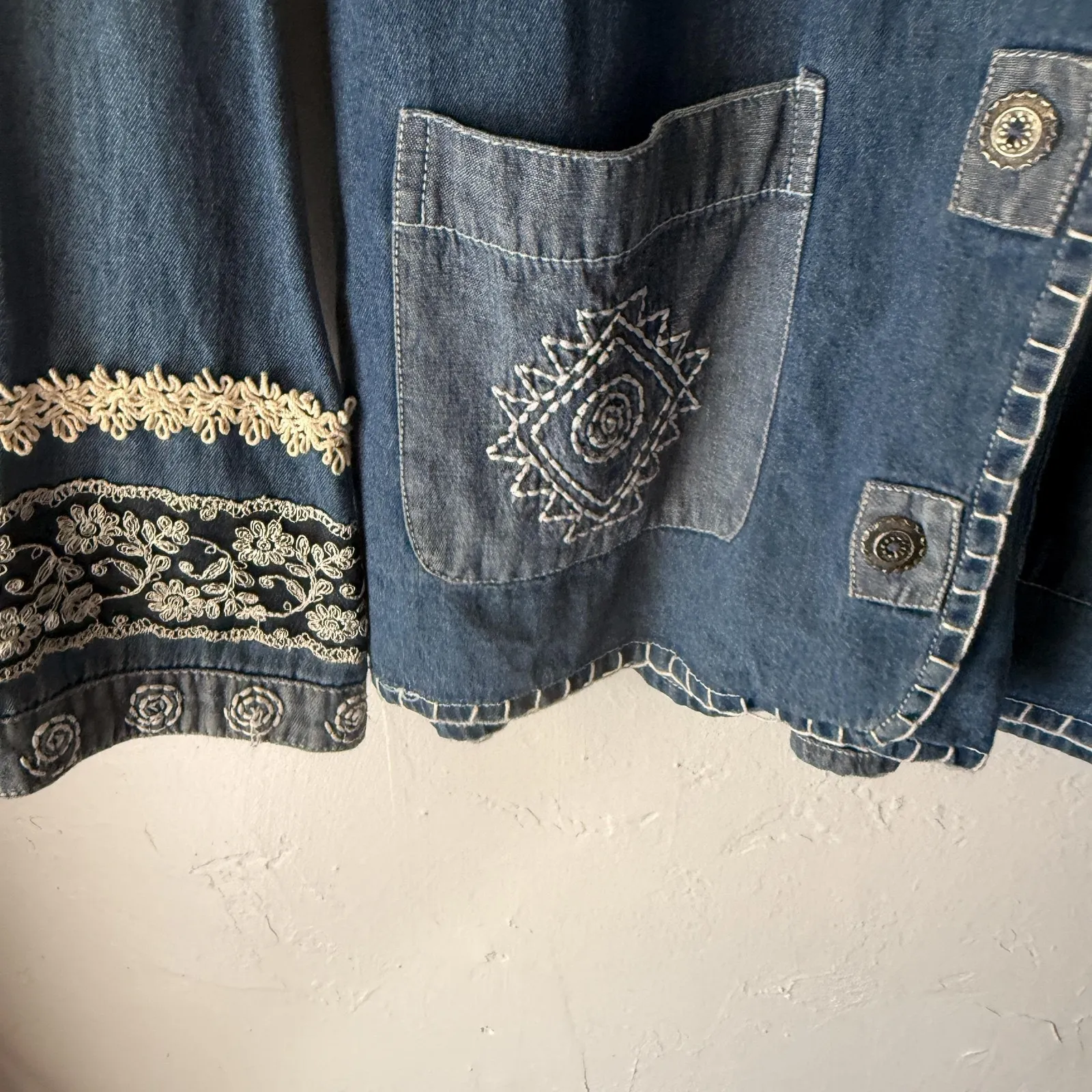 Tantrums Jacket Vintage Medium Denim Embroidered Lace‎ Boho Button Up Cottage Blue - Image 6