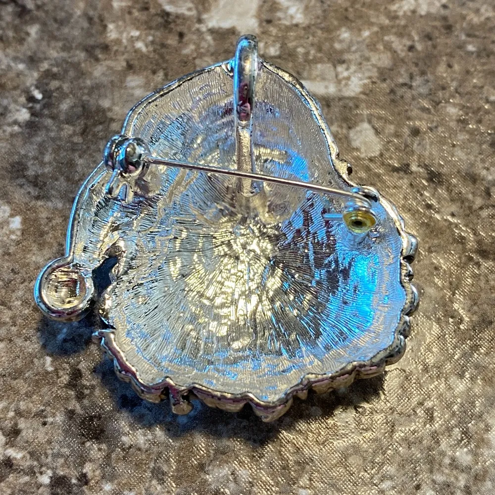 Santa Claus Face Pin Brooch Pendant Silver Tone White Red Enamel Hat 1 3/4" - Image 4