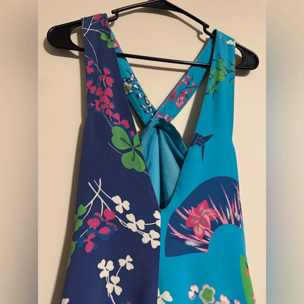 Preloved Versace for H&M Blue and Purple Floral Silk Dress size 8 - Image 7