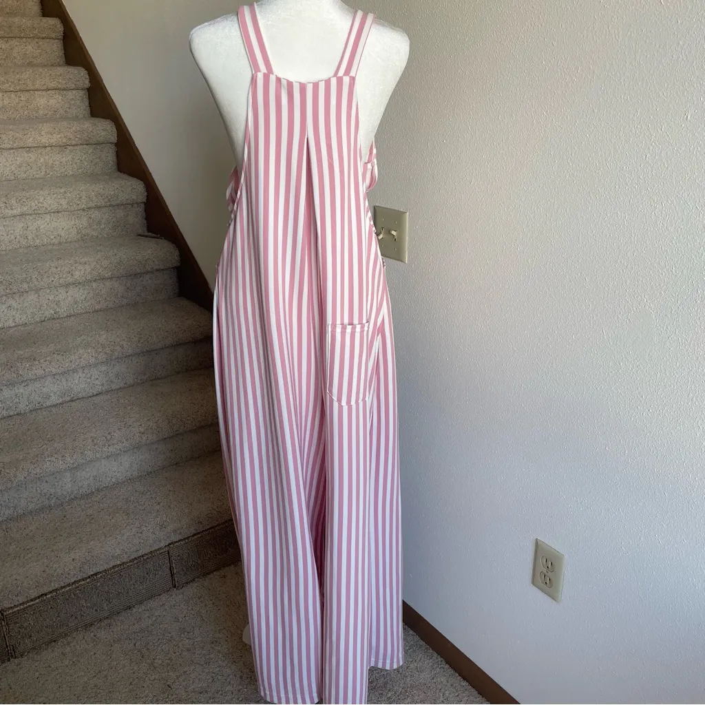 HALARA Pockets Stripe Waffle Overalls in Pink Stripe Size Large - Image 8
