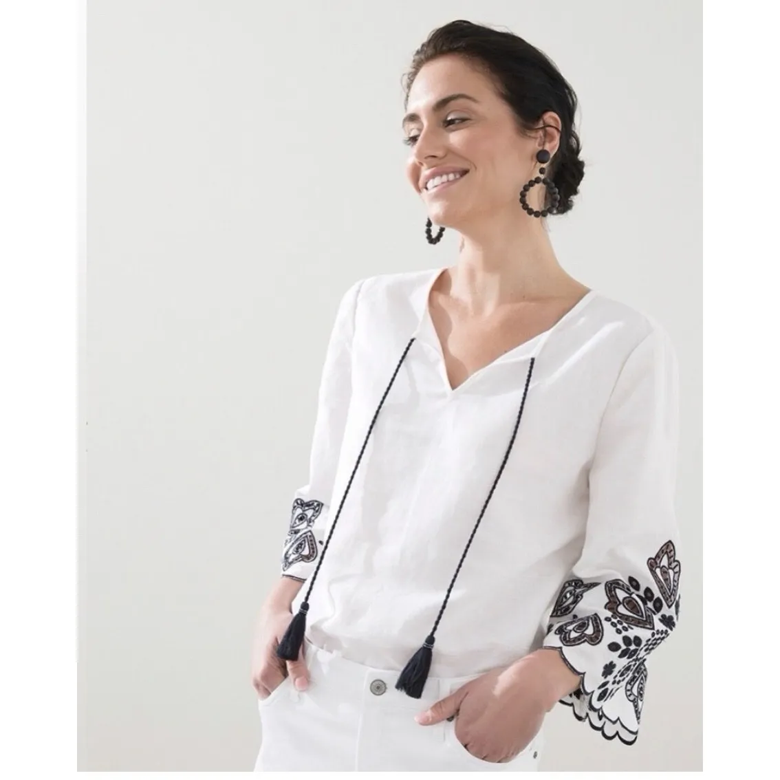 Chico's Linen Blend Cutwork 3/4 Sleeve Embroidered White Top Women's Sz 3 16/18 - Image 2