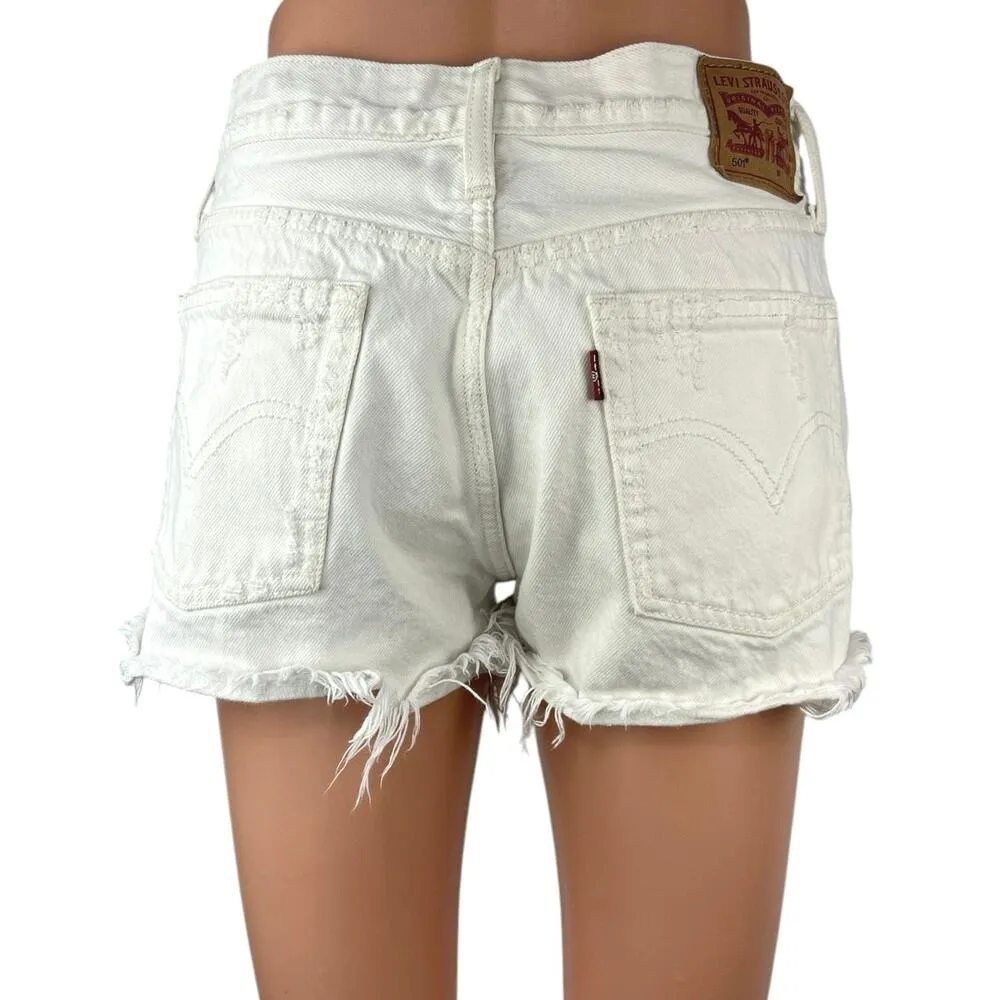 Levi's 501 Women's White Denim Distressed Frayed Raw Hem Mid Rise Jean Shorts 27 - Image 3