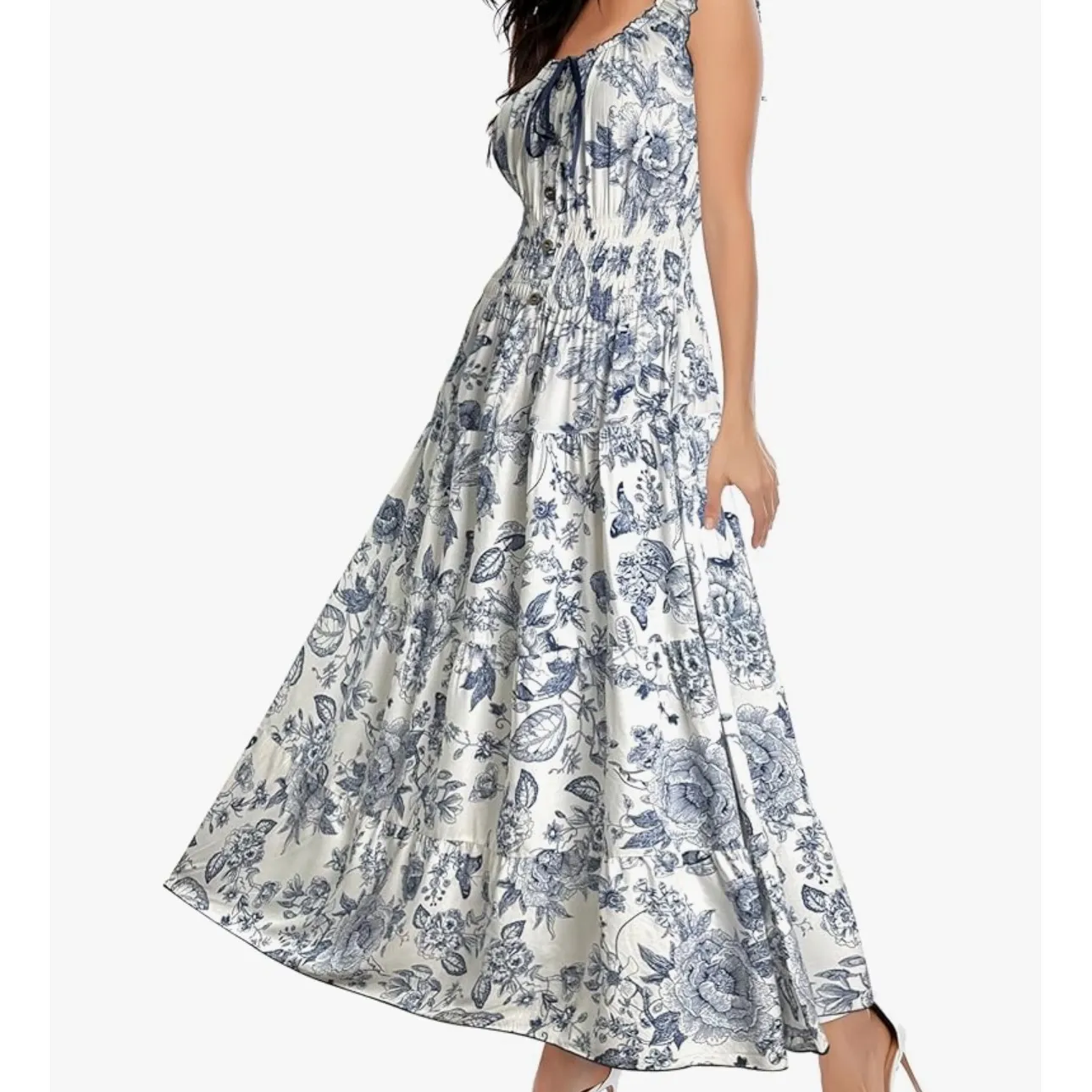 OSTOO Womens Cream Blue Floral Print Smocked Square Neck Maxi Dress M Size M - Image 12