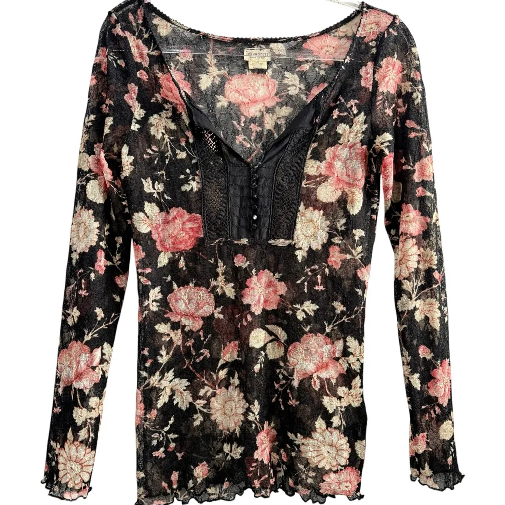 Ralph Lauren Denim &‎ Supply Floral Print Mesh Sheer Lace Crochet Bib Henley MED - Image 4